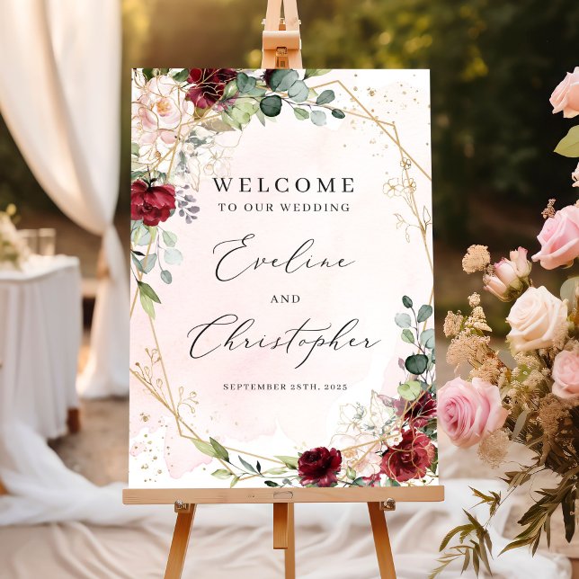 Poster Symbole de bienvenue mariage floral bordeaux (Modern blush burgundy floral gold frame boho wedding welcome sign poster)