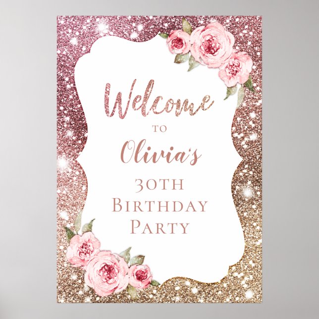 Poster Symbole de bienvenue rose or floral 30e anniversai (Devant)