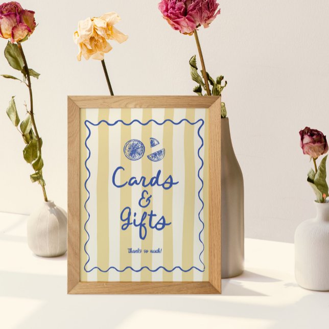 Poster Symbole de canicule lunaire (Cards and Gifts Table Sign with yellow striped background, lemon illustrations and blue wavy border)