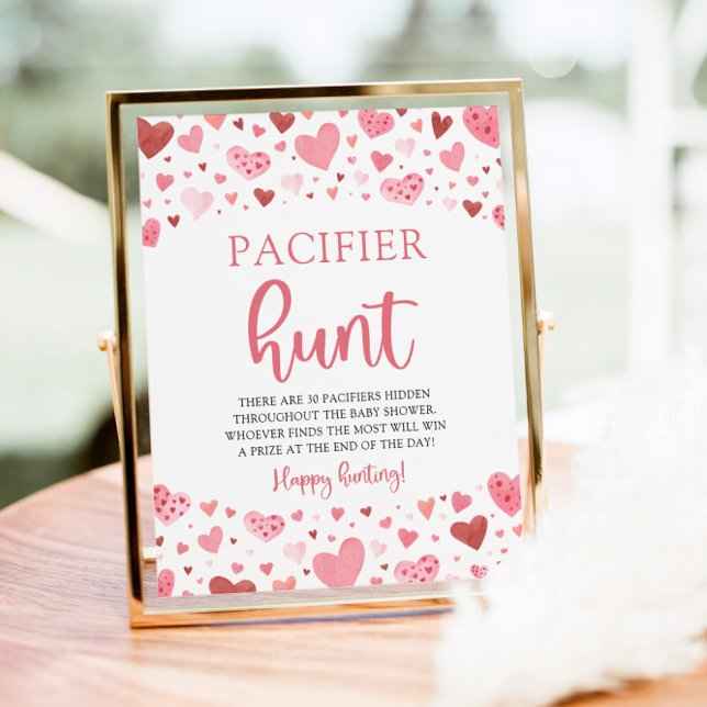 Poster SYMBOLE DE CHASSE Baby shower Saint-Valentin (Watercolor Cute Pink Hearts Valentine A Little Sweetheart Girl Baby Shower Pacifier Hunt Game Sign)