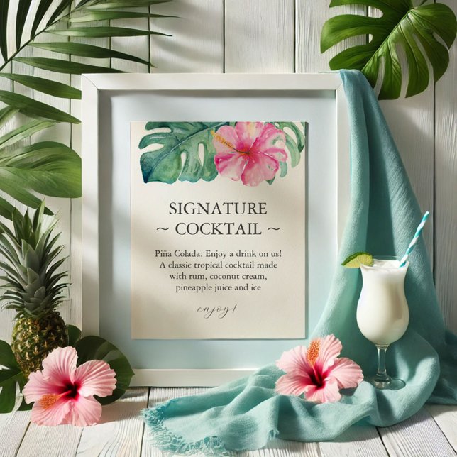 Poster Symbole de cocktail Mariage tropical (Wedding bar signs tropical pink hibiscus flower art by Victoria Grigaliunas of Do Tell A Belle)