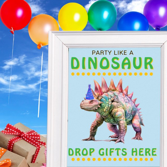 Poster Symbole de fête Dinosaur : Déposez les cadeaux ici (Dinosaur Party Sign: Drop Gifts Here Poster)