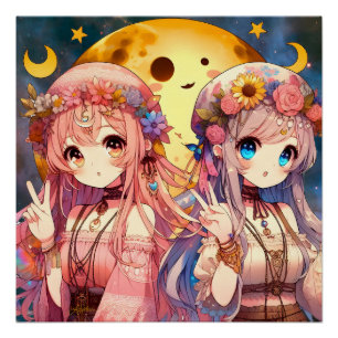 Poster SYMBOLE DE LA FEMME Anime Hippie Lune Filles Donne