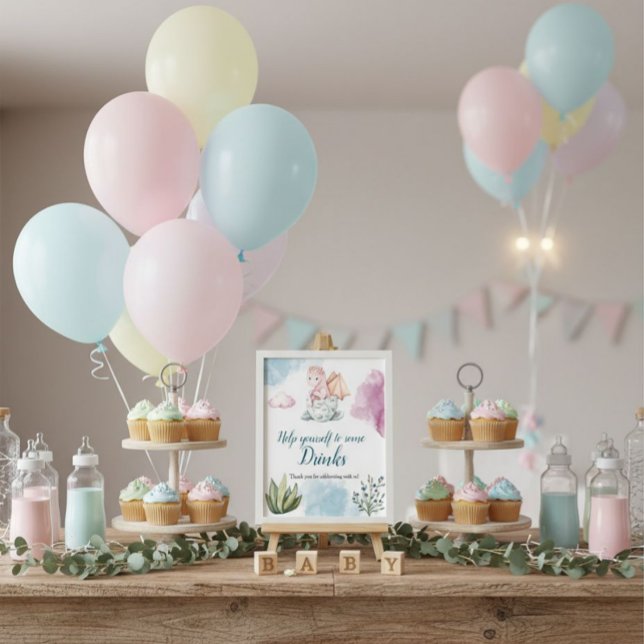 Poster Symbole de la fête de l'aquarelle de Dragon rose l (Perfect for baby showers, this sweet pink dragon sign adds a magical touch to your drinks table.)