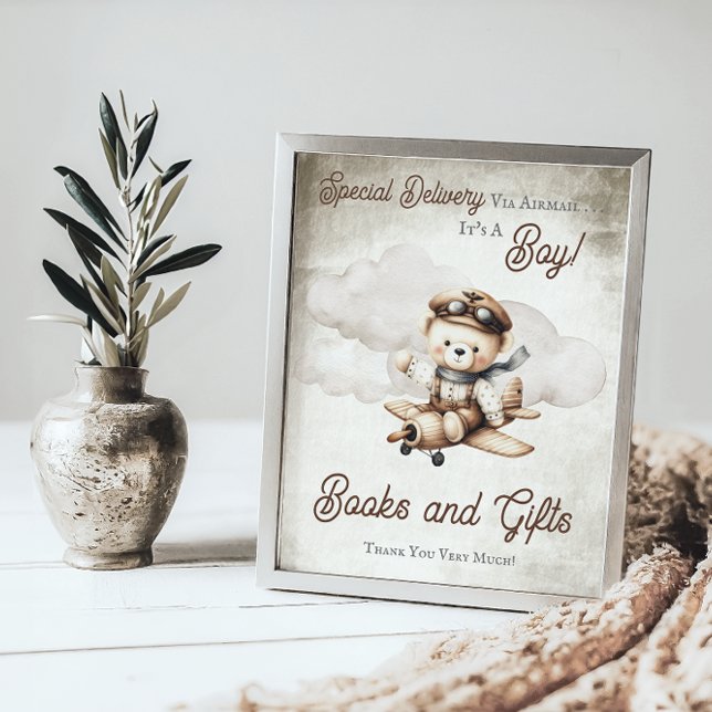Poster Symbole de l'avion Teddy Bear Douche Favors ("Special Delivery Via Airmail  It's A Boy!" Teddy Bear | Airplane Baby Shower Books and Gifts Sign)