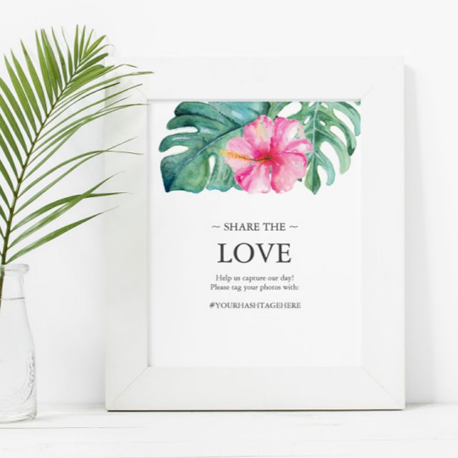 Poster Symbole de mariage de destination tropicale (Destination wedding hashtag sign features tropical watercolor art by Victoria Grigaliunas )