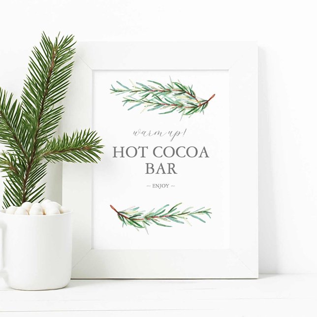 Poster Symbole de mariage d'hiver Barre de chocolat chaud (Winter wedding hot cocoa bar sign features simple watercolor pine bough art by Victoria Grigaliunas)