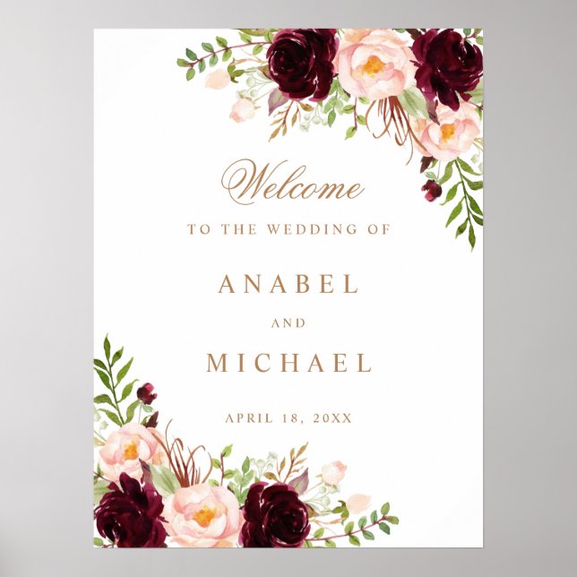 Poster Symbole de mariage élégant Floral Bourgogne (Devant)