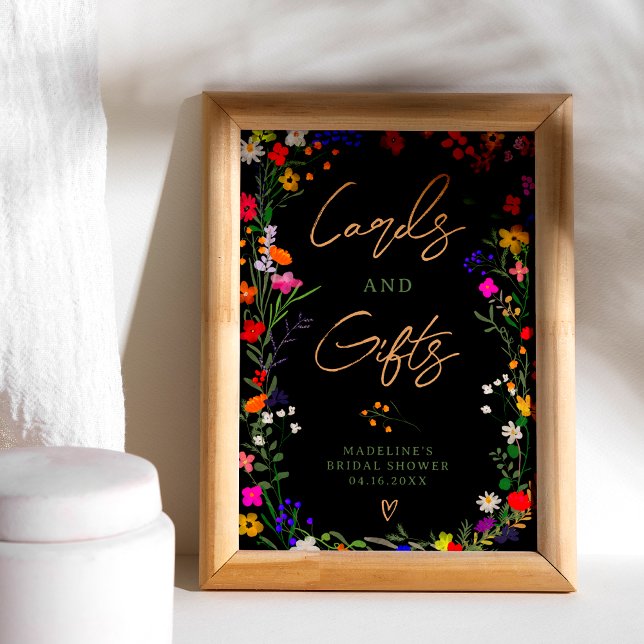 Poster Symbole de naissance de boho de fleurs sauvages vi (Modern boho bright wild flowers bridal sign on black)