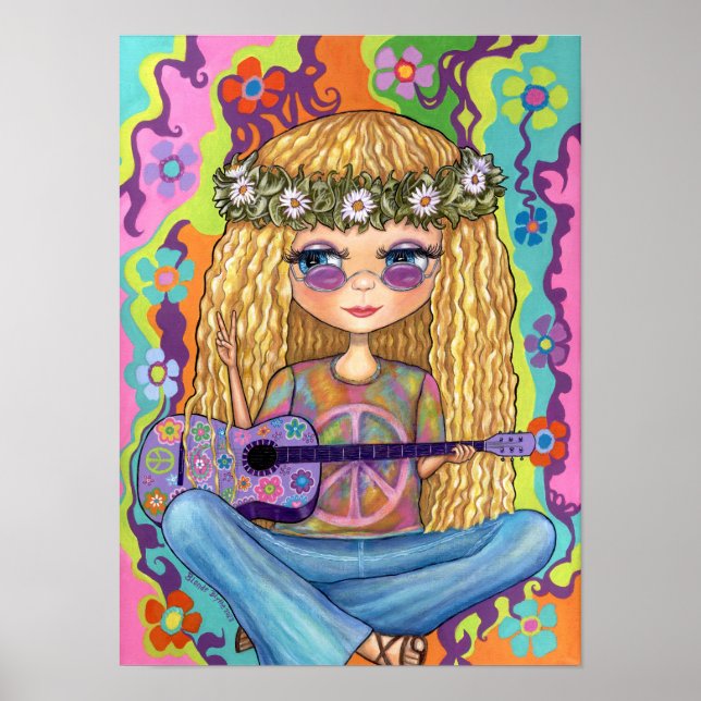 Poster Symbole de Paix de Guitare violette Chick Hippie C (Devant)