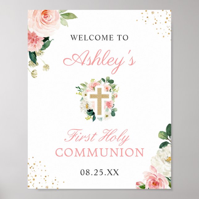 Poster Symbole de première communion Blush Rose Floral Go (Devant)