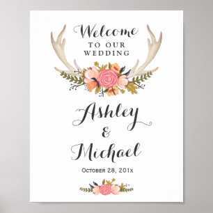 Poster Symbole de réception de mariage floral Rustic Deer