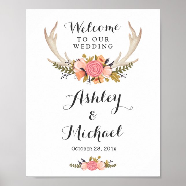 Poster Symbole de réception de mariage floral Rustic Deer (Devant)