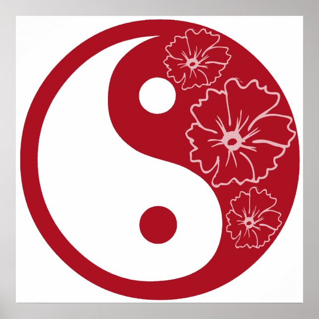 Poster Symbole de Yin Yang, Fleur Tropicale Rouge (Devant)