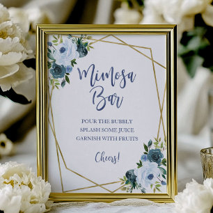 Poster SYMBOLE DOUCE Bleu Or Aquarelle Florale Mimosa Bar