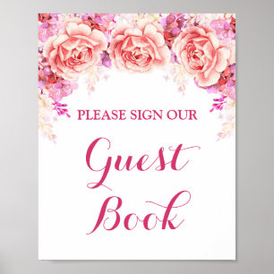 Poster Symbole du livre d'hôtes Fleurs d'aquarelle rose b