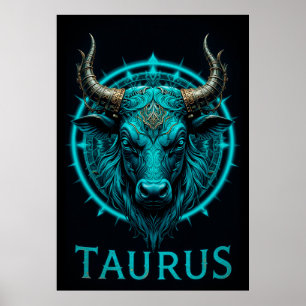 Poster Symbole du zodiaque Taureau en bleu et or vibrant 