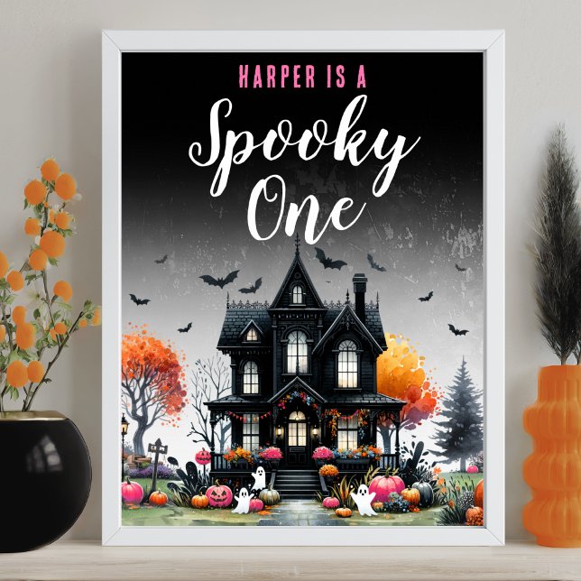 Poster Symbole éffrayant d'Halloween rose 1er anniversair (Spooky One Pink Halloween 1st Birthday Party Sign )