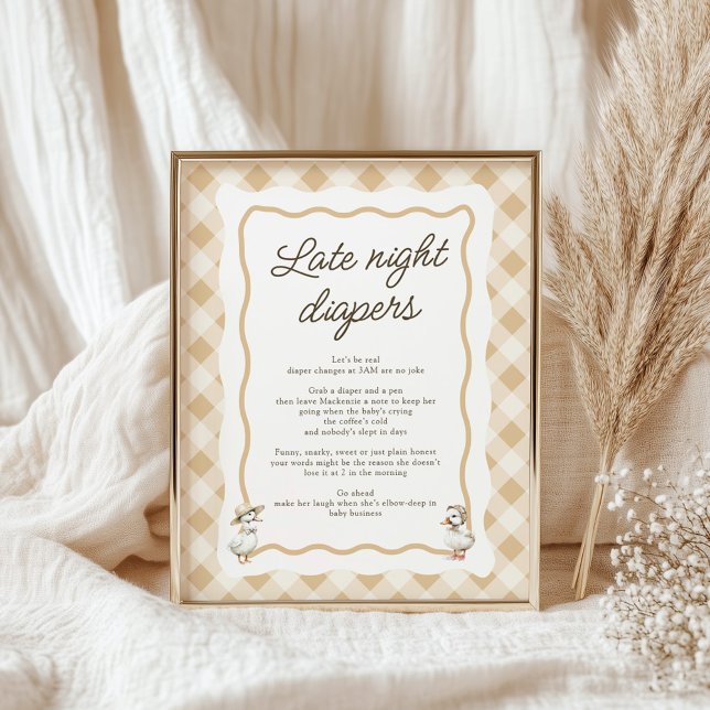 Poster Symbole En vichy Goose Diapositives de nuit tardiv (Gingham Goose Baby shower sign Late night diapers)
