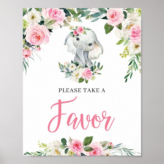 Poster SYMBOLE FAMEUX Baby shower Floral BLush Elephant (Devant)