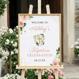 Poster Symbole Fille Baptême Rose Floral Or Croix