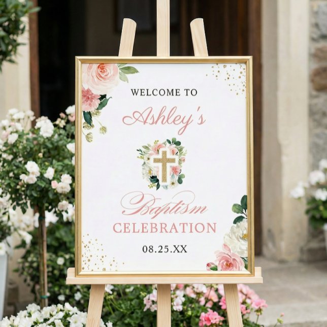 Poster Symbole Fille Baptême Rose Floral Or Croix (Créateur téléchargé)