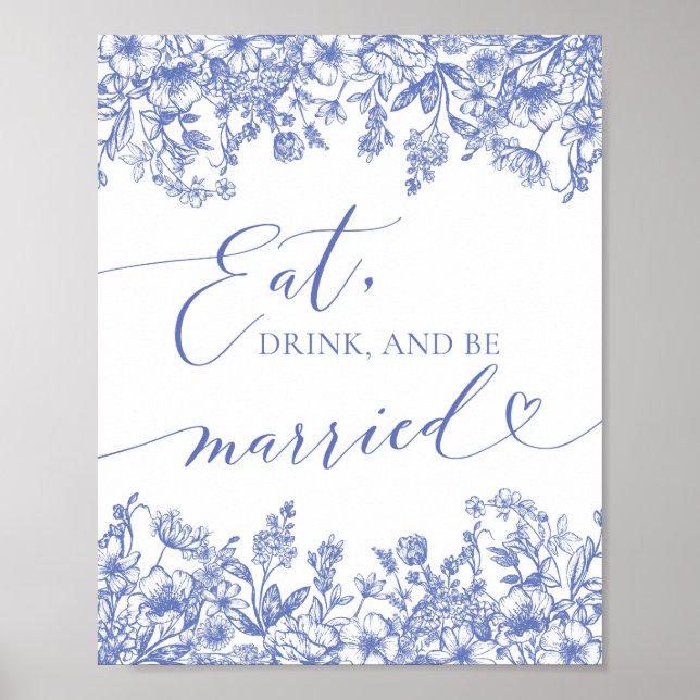 Poster Symbole Floral bleu moderne Mangez, buvez et soyez (Devant)