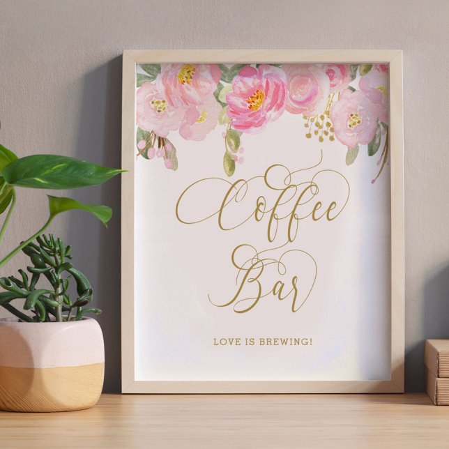 Poster Symbole Floral Pink Gold Calligraphy Coffbar (Coffee Bar Sign from my Pink and Gold Watercolor Floral Collection)