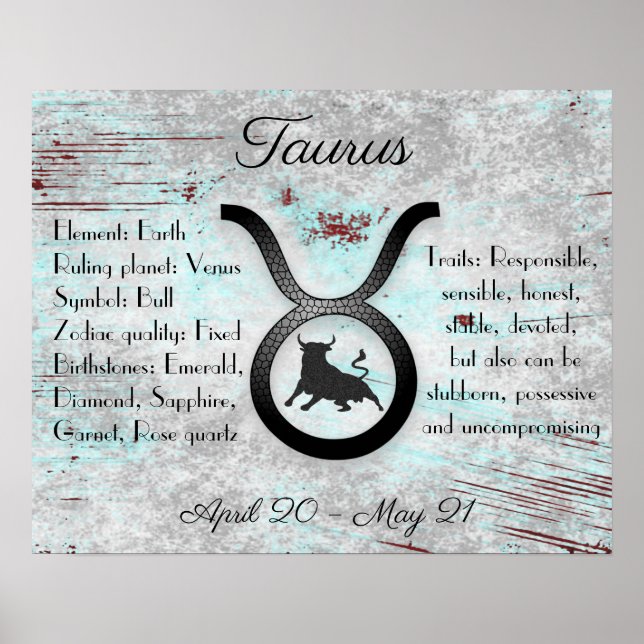 Poster Symbole Horoscope Taurus Bull Traits et Dates (Devant)