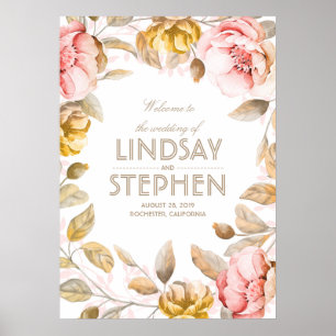 Poster Symbole Mariage d'aquarelle Blush et Gold Flowers
