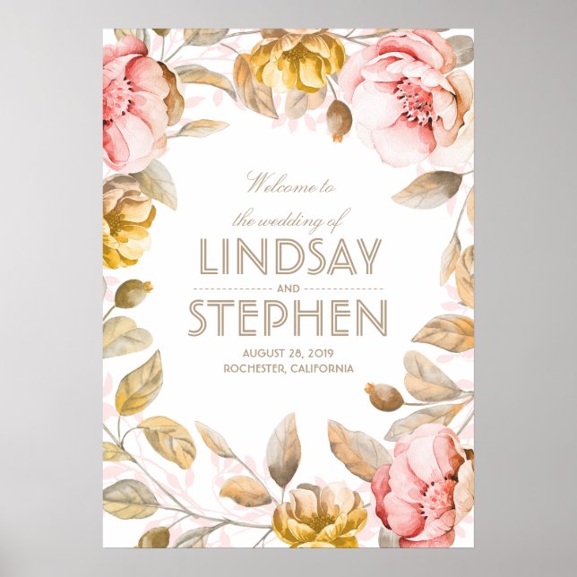 Poster Symbole Mariage d'aquarelle Blush et Gold Flowers (Devant)
