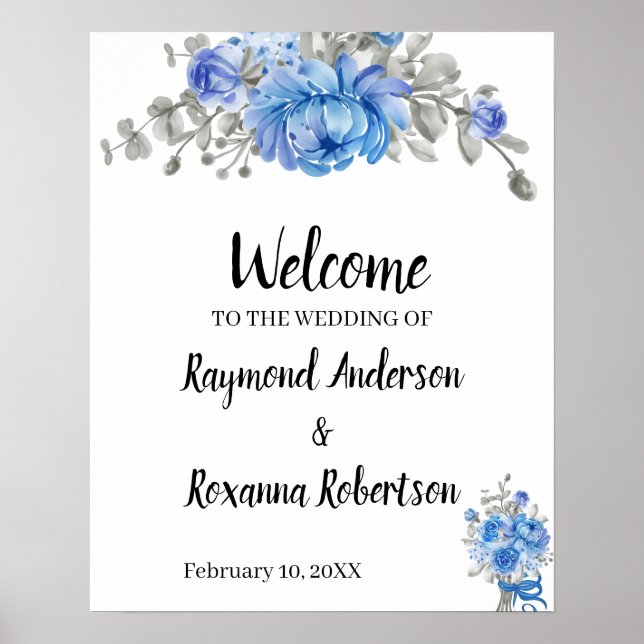 Poster Symbole Mariage de bienvenue Fleurs bleues (Devant)