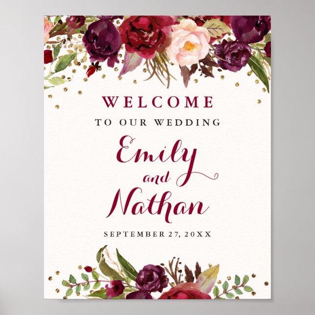 Poster SYMBOLE Mariage Floral Confetti Or Bourgogne (Devant)