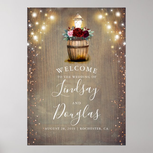 Poster SYMBOLE Mariage Rustique Floral Bourgogne (Devant)