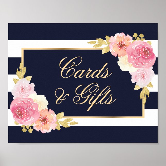 Poster Symbole Marine bleu rose floral Cartes de mariage  (Devant)