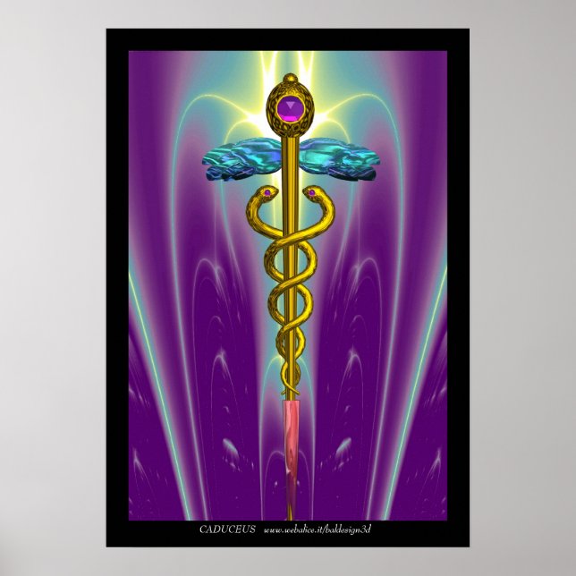 Poster Symbole médical CADUCÉE OR Vagues violettes et ver (Devant)