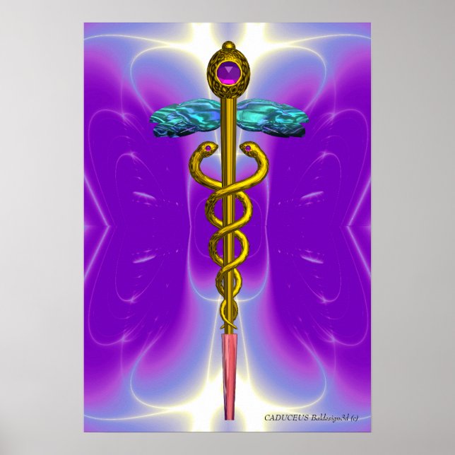 Poster Symbole médical CADUCÉE Or Violet Ultra Pourpre (Devant)