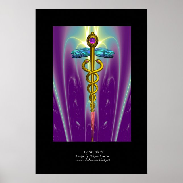 Poster Symbole médical du caducée d'or violet vert noir (Devant)