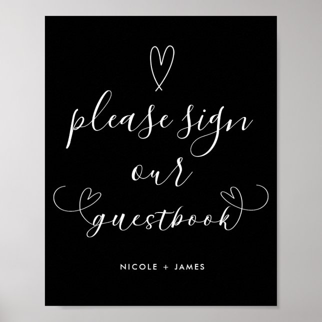 Poster Symbole moderne Coeurs noir & blanc Mariage Guestb (Devant)