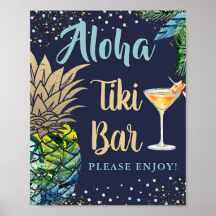 Poster Symbole Tropical Pineappal Navy Blue Hawaii Tiki B