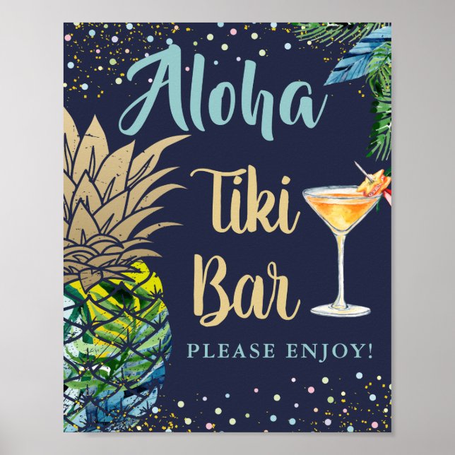 Poster Symbole Tropical Pineappal Navy Blue Hawaii Tiki B (Devant)