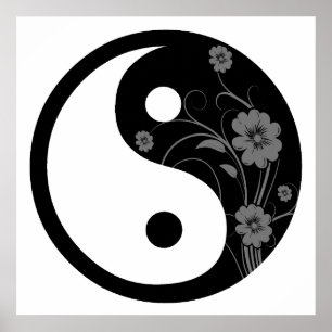 Poster Symbole Yin Yang Floral Noir