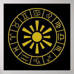 Poster Symboles astrologiques Zodiac Roue+Or Soleil