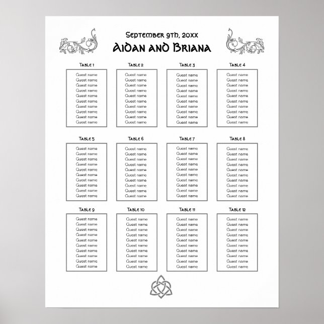 Poster Symboles celtiques et feuillage pour 12 tables (Devant)