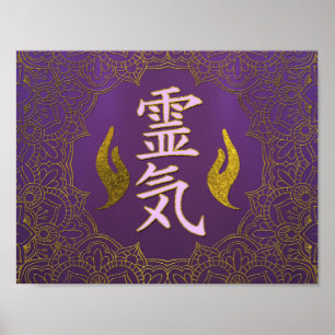 Poster Symboles curatifs de mains de Reiki avec le lotus
