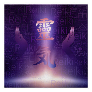 Poster Symboles de Reiki et mains curatives sur la