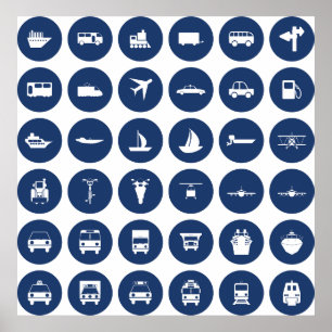 Poster Symboles Icônes De Transport En Bleu
