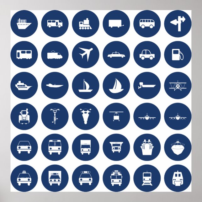 Poster Symboles Icônes De Transport En Bleu (Devant)