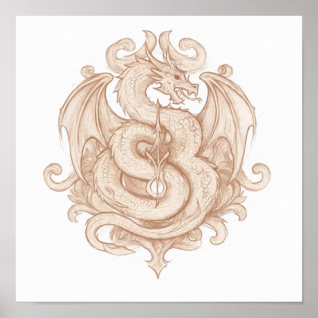Poster Symmetrical Heraldic Art: Gothic Dragon Emblem (Devant)