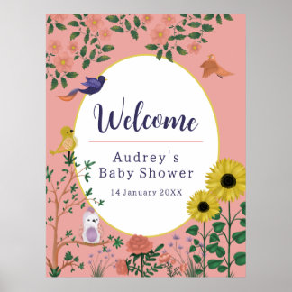 Poster Sympa rose florale Bienvenue au Baby shower